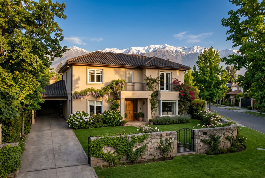 Frontis de una casa de dos pisos con antejardín y la cordillera al fondo, en La Reina.