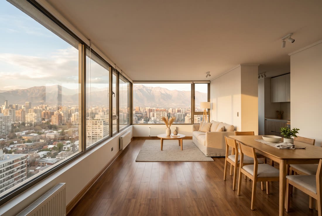 Living comedor de un departamento moderno con ventanal corrido y vista a Santiago, en Providencia.