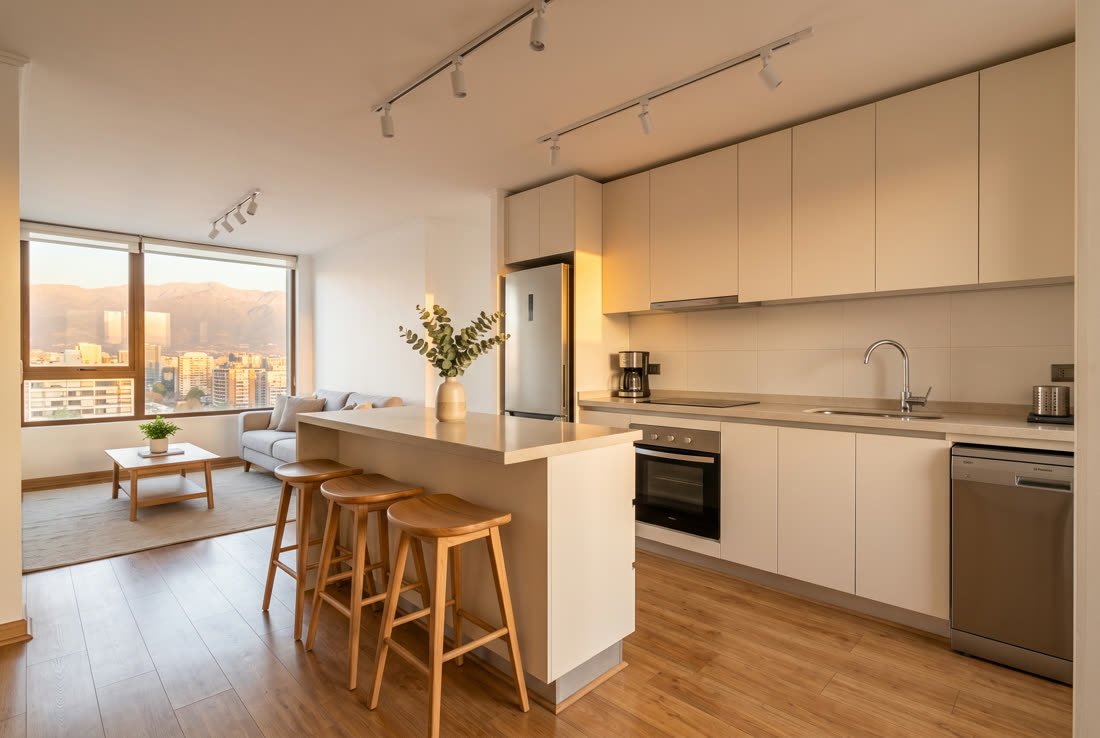 Cocina abierta al living con encimera de piedra y barra, en un departamento de Las Condes.