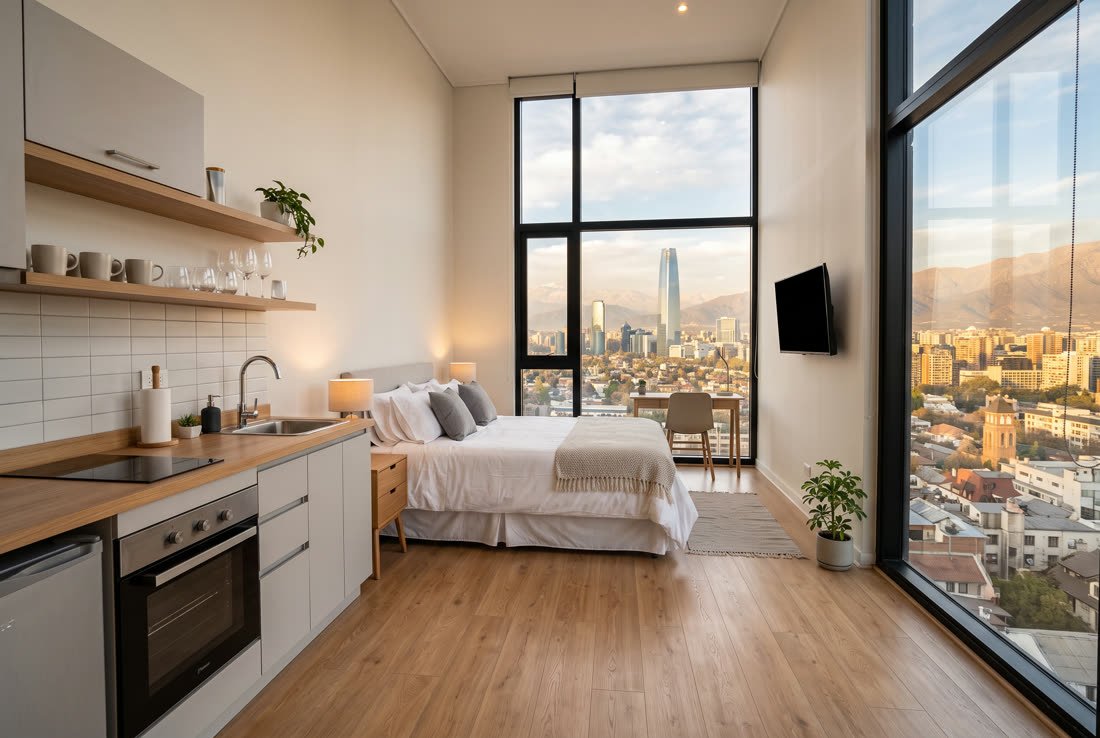 Estudio compacto con kitchenette y ventanal hacia los techos del centro de Santiago.