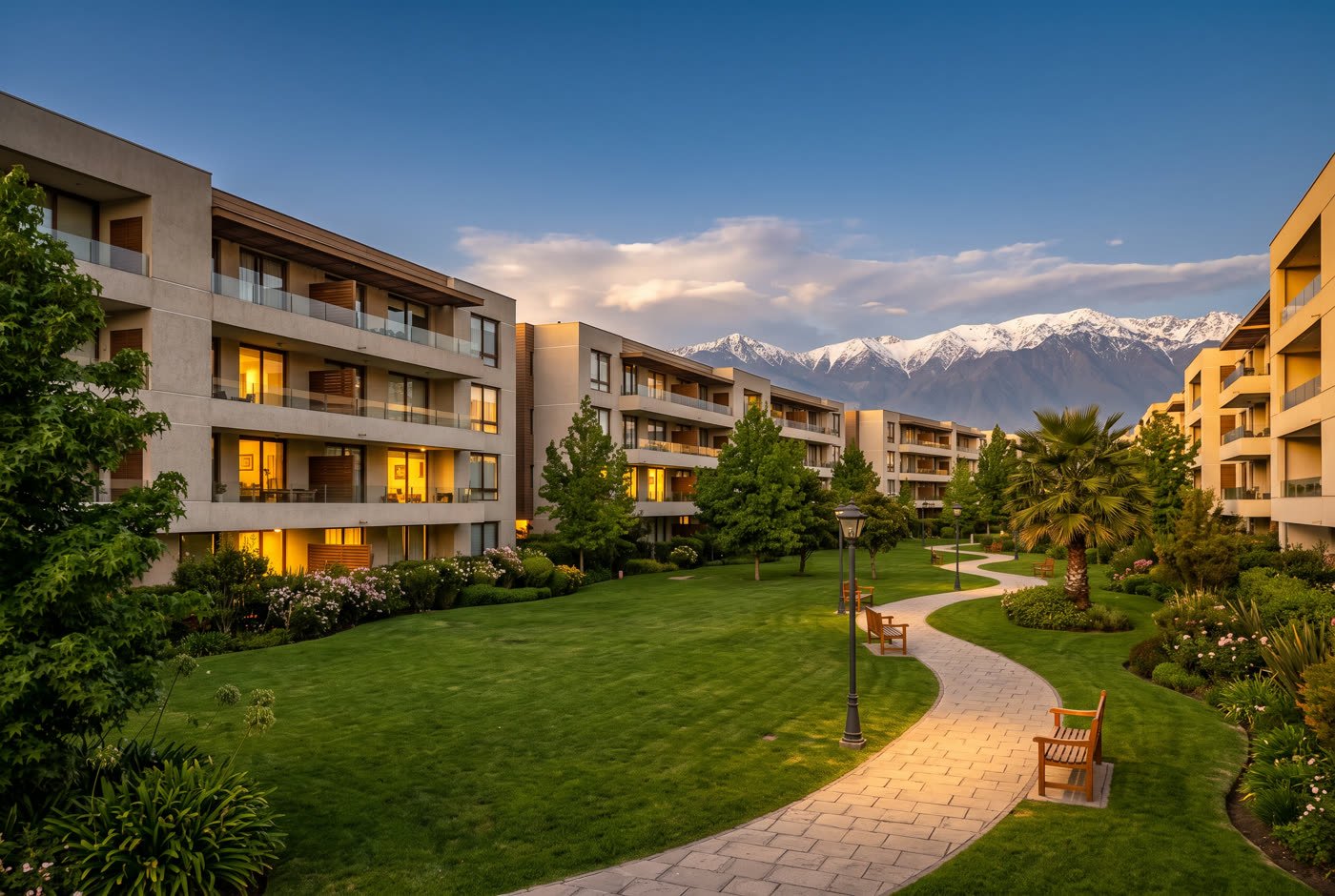 Jardín común de un condominio al atardecer, con edificios bajos alrededor, camino de baldosas, bancas y la cordillera al fondo.