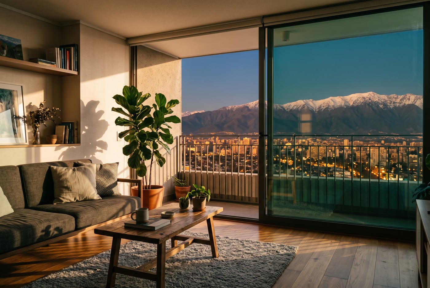 Living amoblado de un departamento moderno en altura con luz de atardecer, ventanal y vista a Santiago y la cordillera.