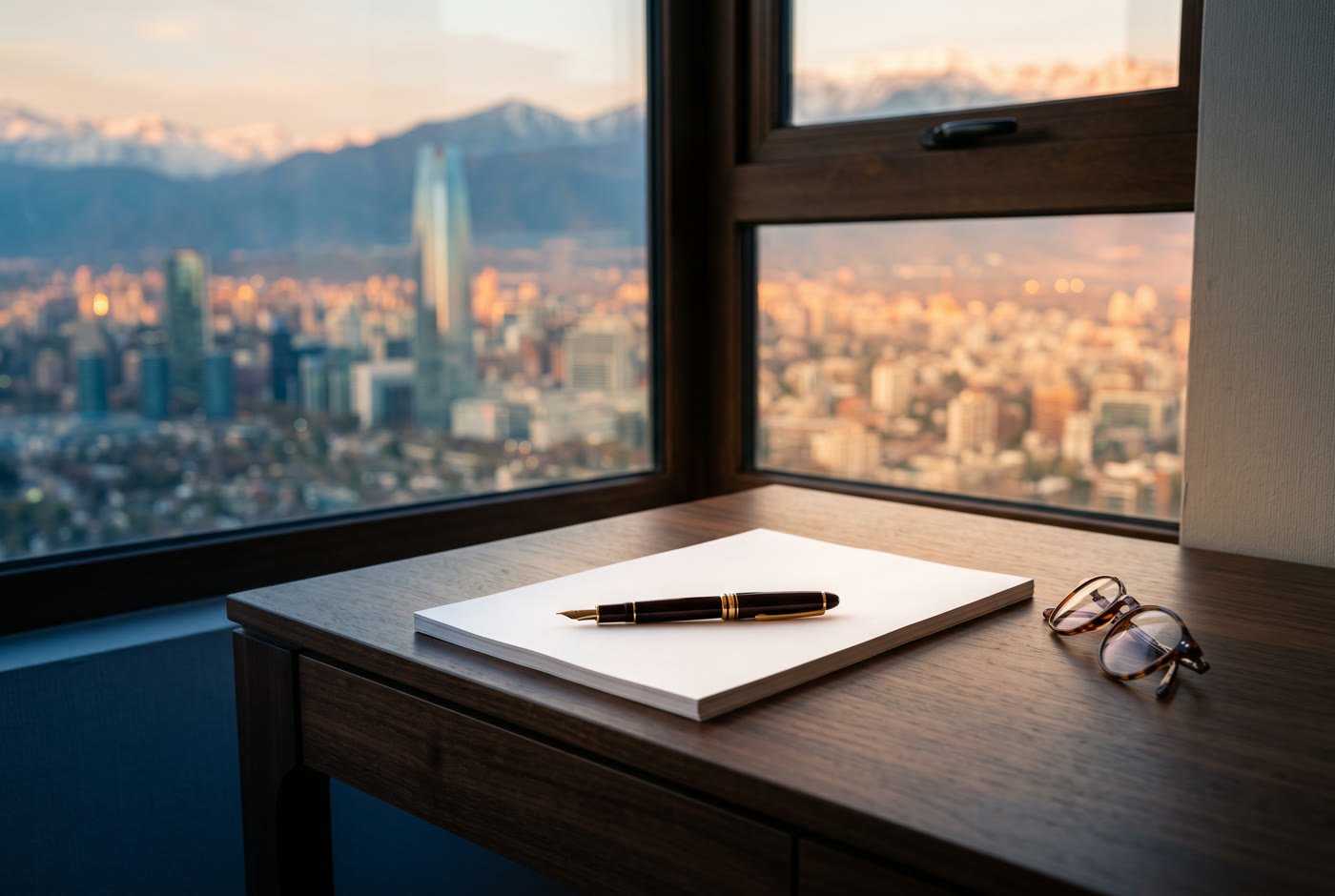 Escritorio de madera junto a una ventana con papel en blanco, una pluma y anteojos, y Santiago desenfocado al fondo.